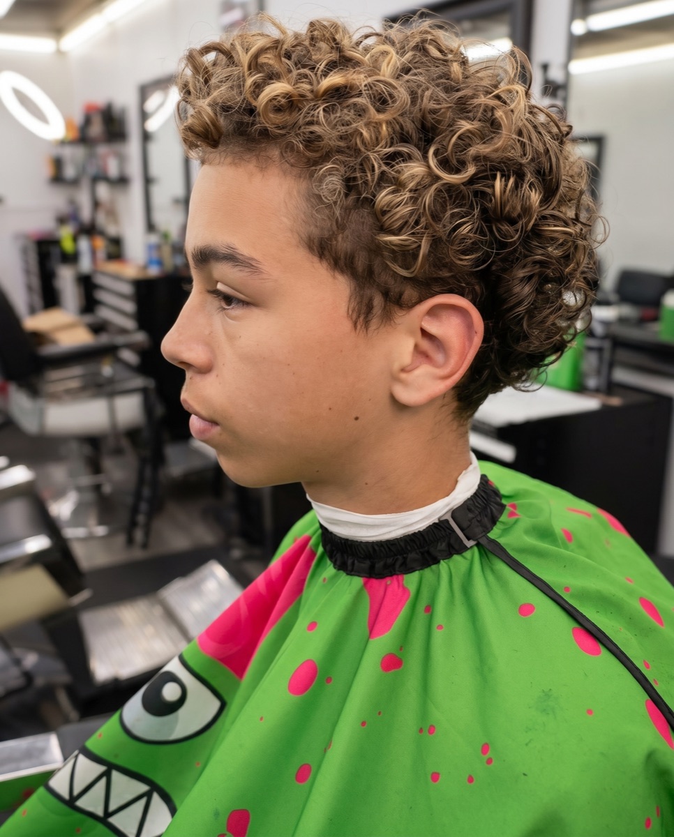 Curly skin taper with blonde highlights by Albert Style Barber Shop