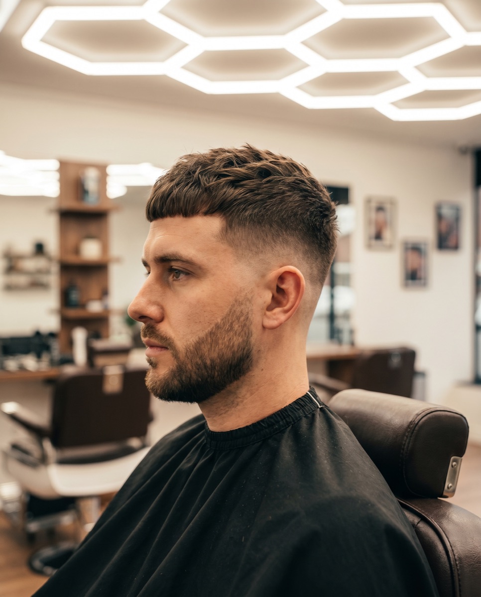 Textured crop haircut with faded sides and beard line-up