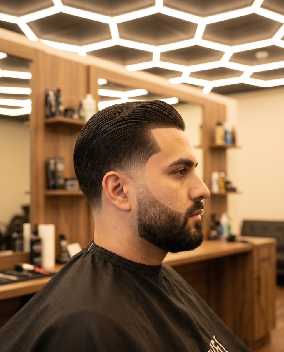 Classic taper haircut with sharp beard line-up